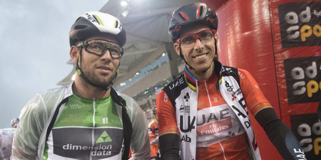 Links Mark Cavendish, Sieger der 1. Etappe, rechts Rui Costa, der Gesamtsieger der zur World Tour zählenden Tour Abu Dhabi