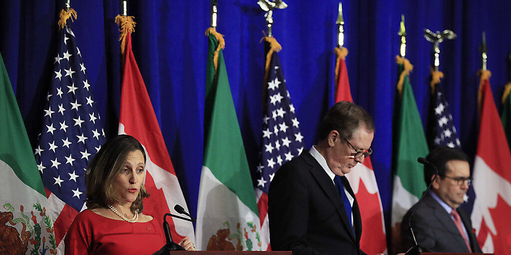 Werfen sich gegenseitig Sabotage vor: die kanadische Aussenministerin Chrystia Freeland, der US-Handelsbeauftragte Robert Lighthizer und Mexikos Wirtschaftsminister Ildefonso Guajardo Villarreal.