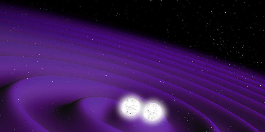 Die zwei Neutronensterne rotierten erst immer dichter umeinander, bevor sie in einem "Feuerball" verschmolzen. (Illustration)