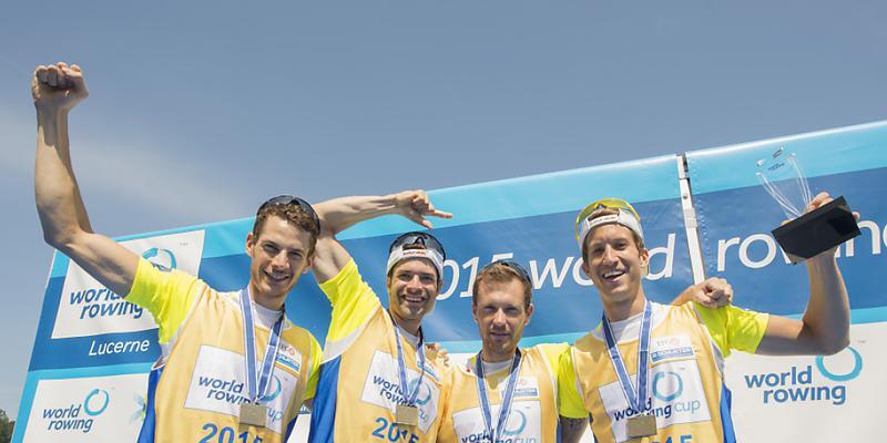 Lukas Tramèr, Mario Gyr, Simon Niepmann und Simon Schürch (von links) gewinnen souverän den WM-Vorlauf
