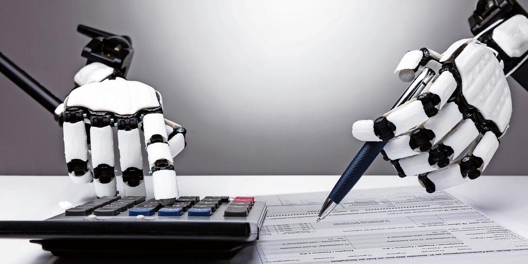 Robot Examining Financial Report With Calculator Robot Examining Financial Report With Calculator