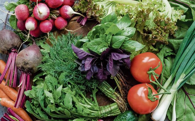Background texture with assorted raw organic vegetables