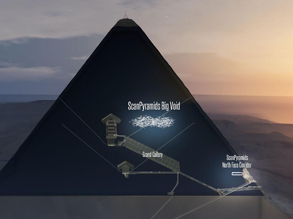 Beim "Durchleuchten" der Grossen Pyramide von Gizeh kamen bereits ein unbekannter Korridor und nun auch ein grosser Hohlraum oberhalb der Galerie zum Vorschein.