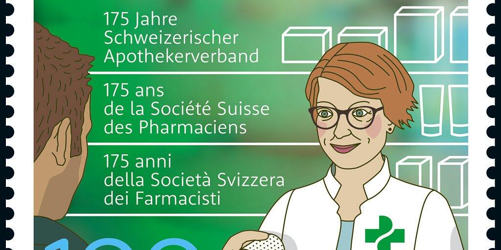 Die Sondermarke zeigt eine Apothekerin im Kundenkontakt. Den Wettbewerb für die Kreation der Jubiläumsbriefmarke haben die Gestalterinnen Julia Reichle und Maria Pelosi aus Luzern gewonnen.