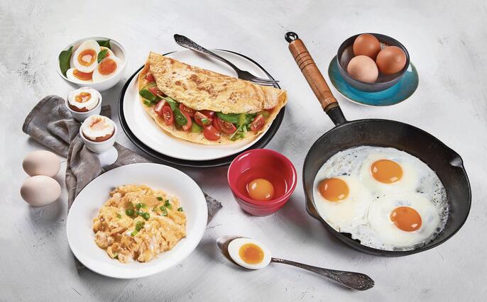 Cooked egg dishes for breakfast.