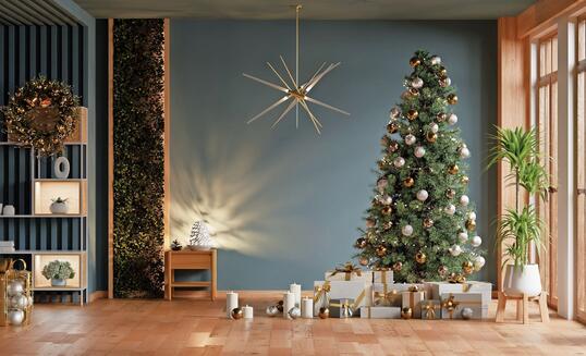 Cozy living room interior with a Christmas tree and wrapped presents under it- 3D rendering