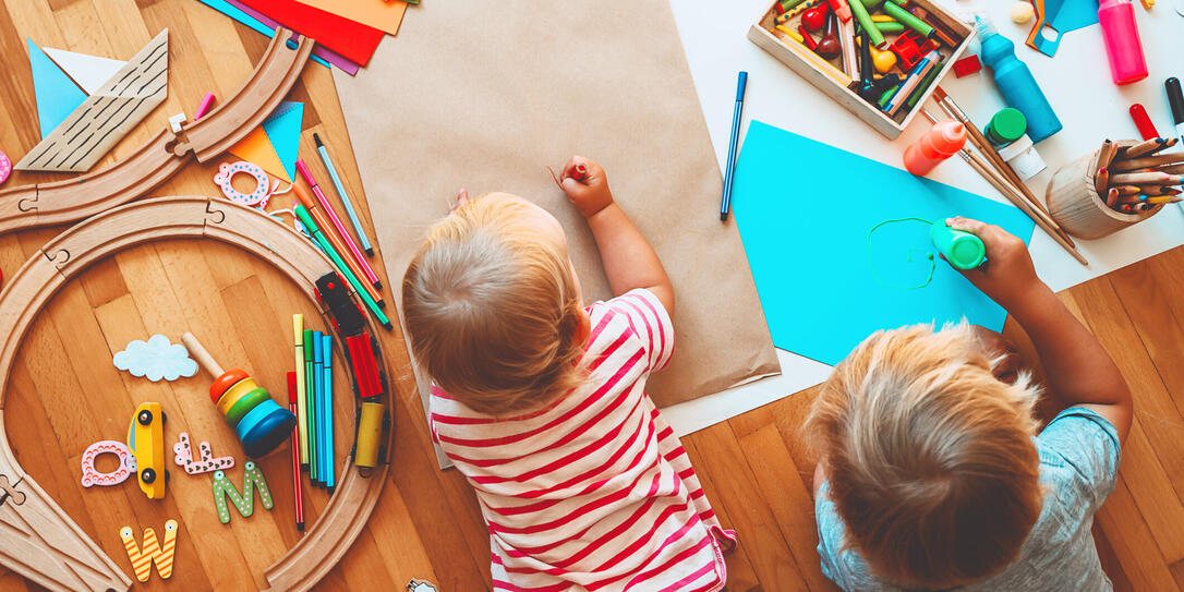 Kids draw and make crafts. Background for preschool and kindergarten or art classes.