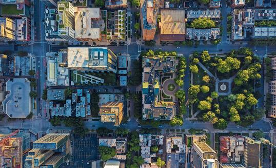 Top down aerial view of Chicago Downtown urban grid with park