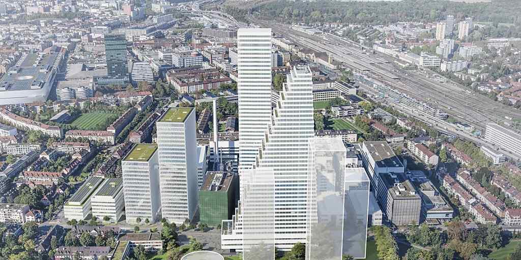 Visualisierung der angedachten Neubebauung des Südareals am Roche-Hauptsitz in Basel mit einem runden Empfangsgebäude und bis zu drei neuen Türmen in Rheinnähe.