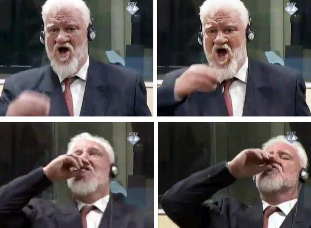 Slobodan Praljak trank vor dem UNO-Kriegsverbrechertribunal Gift - später starb er im Spital. Slobodan Praljak trank vor dem UNO-Kriegsverbrechertribunal Gift - später starb er im Spital.