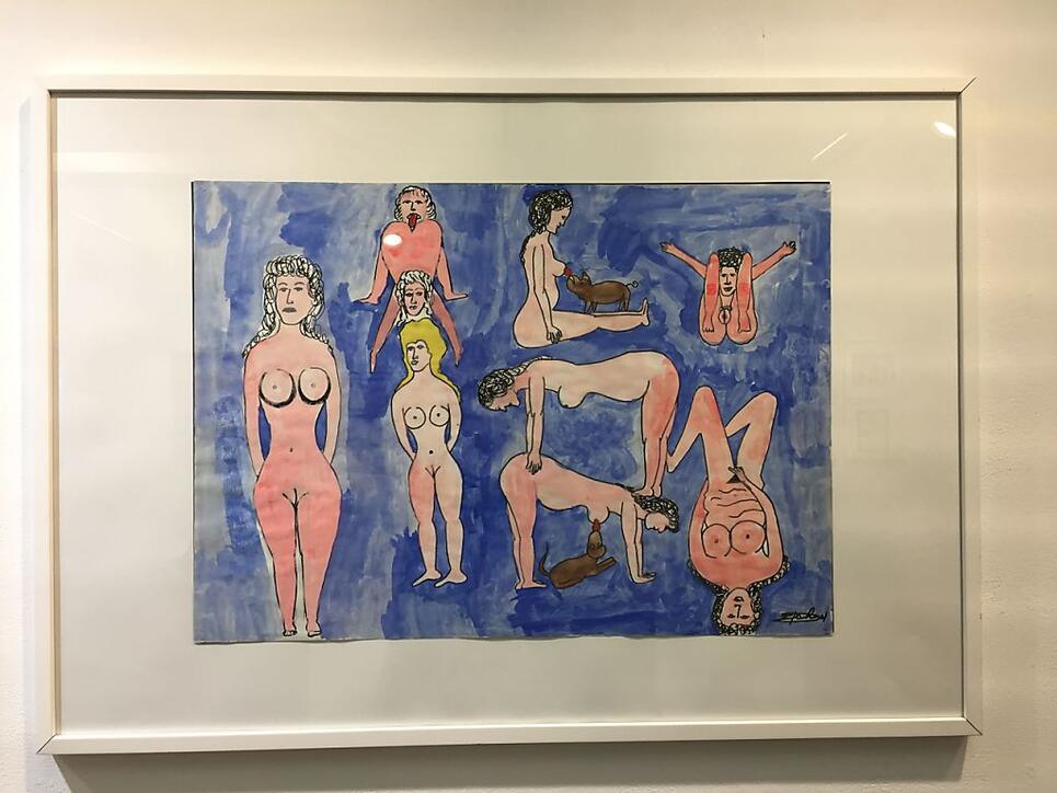 Das Thema "Body and Soul" reicht von lustvoller Körperhaftigkeit bis hin zu beklemmender Sexualität. Dieses comic-artige Bild hat Peter Zahnd gemalt.