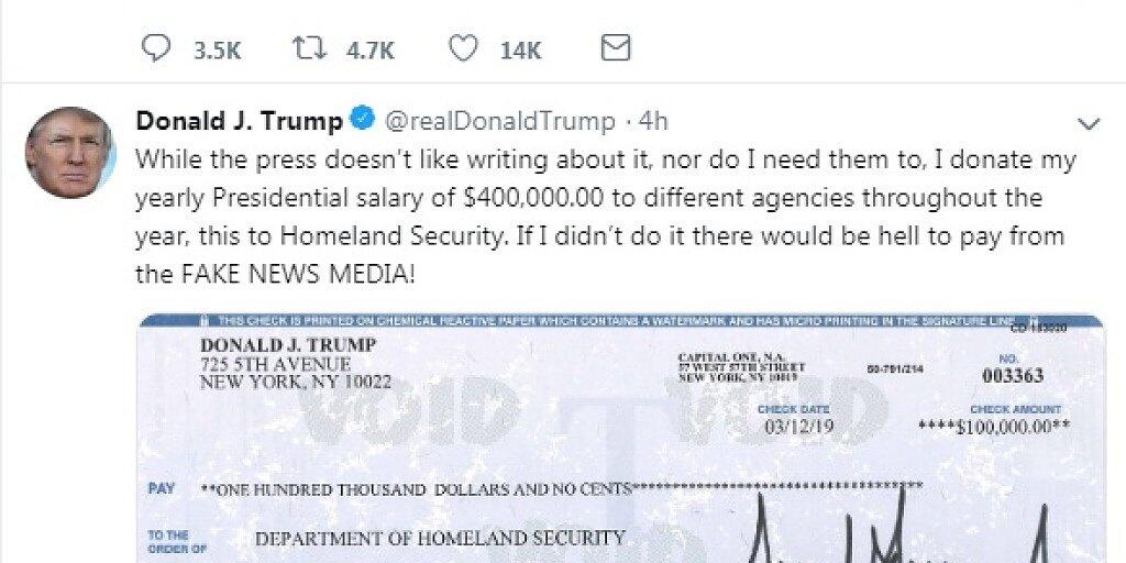 US-Präsident Donald Trump veröffentlichte auf Twitter ein Bild seines Spendenchecks an das Heimatministerium im Wert von 100'000 Dollar. (Screenshot)