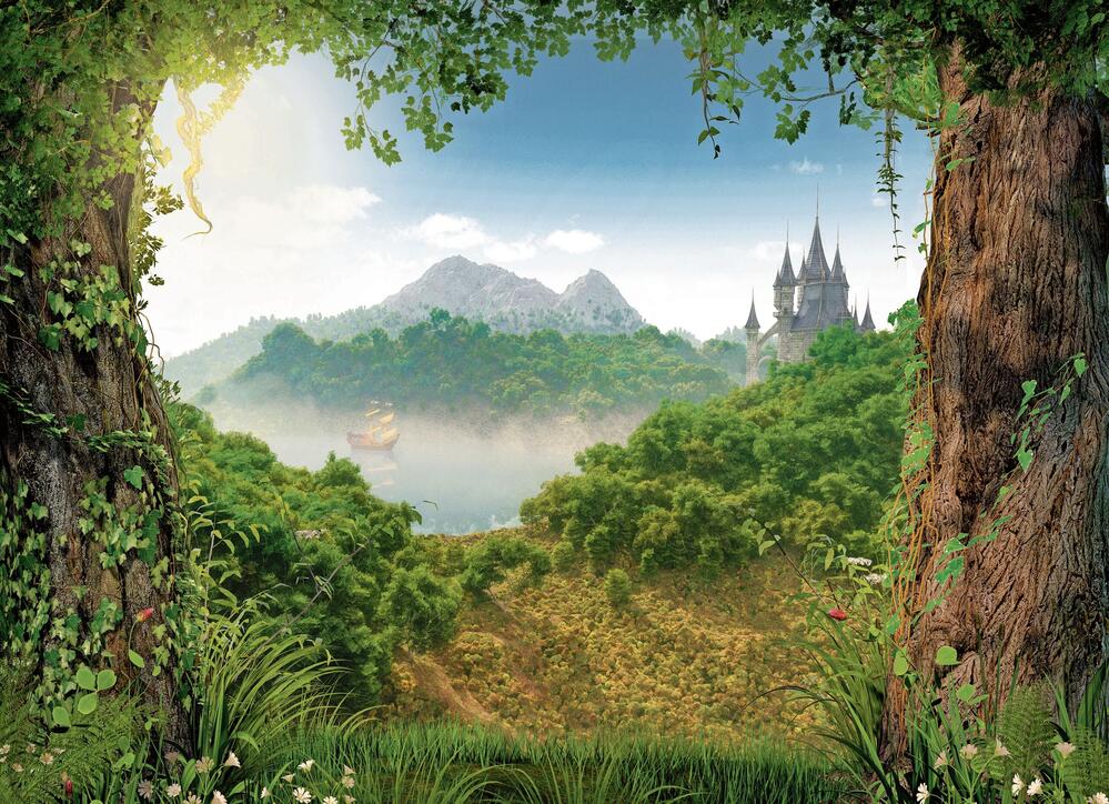 View through a beautiful enchanting fairy tale woodland onto a castle and a sailing ship