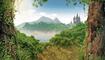 View through a beautiful enchanting fairy tale woodland onto a castle and a sailing ship