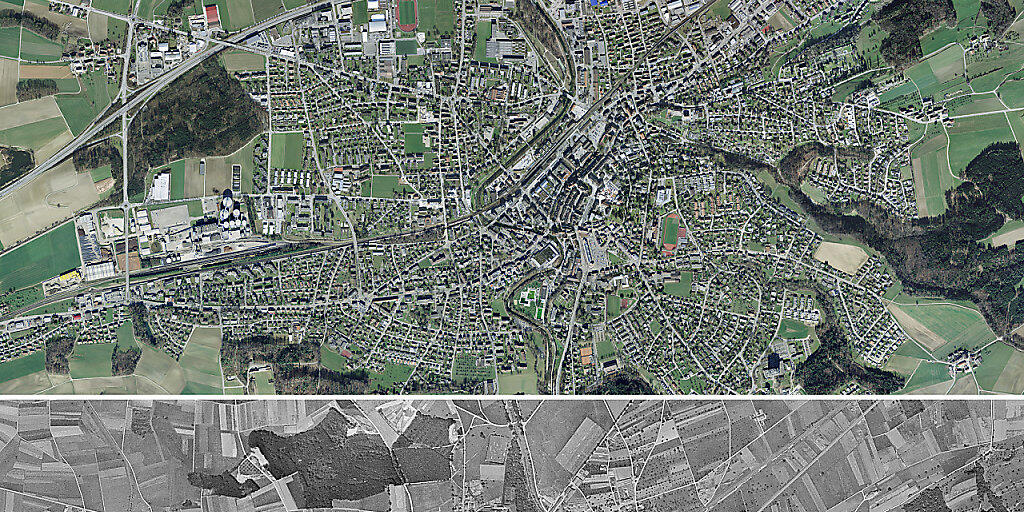Die Gemeinde Frauenfeld 2014 (oben) und 1946 (unten). Nach dem Zweiten Weltkrieg überflogen amerikanische Bomber mit der Genehmigung der Schweizer Regierung die Schweiz.