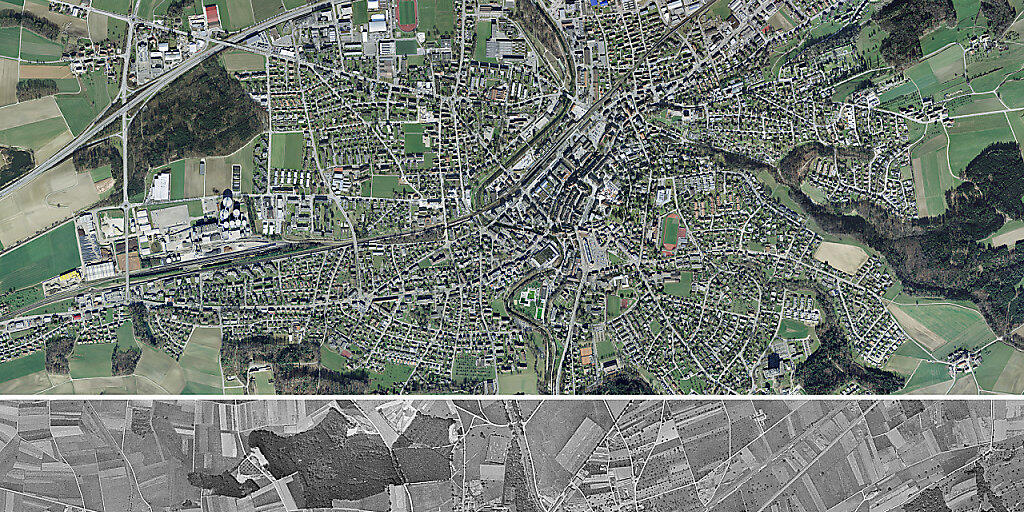 Die Gemeinde Frauenfeld 2014 (oben) und 1946 (unten). Nach dem Zweiten Weltkrieg überflogen amerikanische Bomber mit der Genehmigung der Schweizer Regierung die Schweiz. Die Gemeinde Frauenfeld 2014 (oben) und 1946 (unten). Nach dem Zweiten Weltkrieg überflogen amerikanische Bomber mit der Genehmigung der Schweizer Regierung die Schweiz.