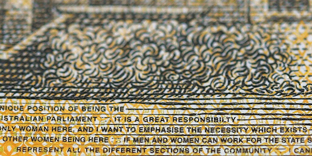 Rechtschreibfehler auf einer 50-Dollar-Note in Australien: "Responsibilty" statt "responsibility" steht in kleinen Lettern geschrieben.