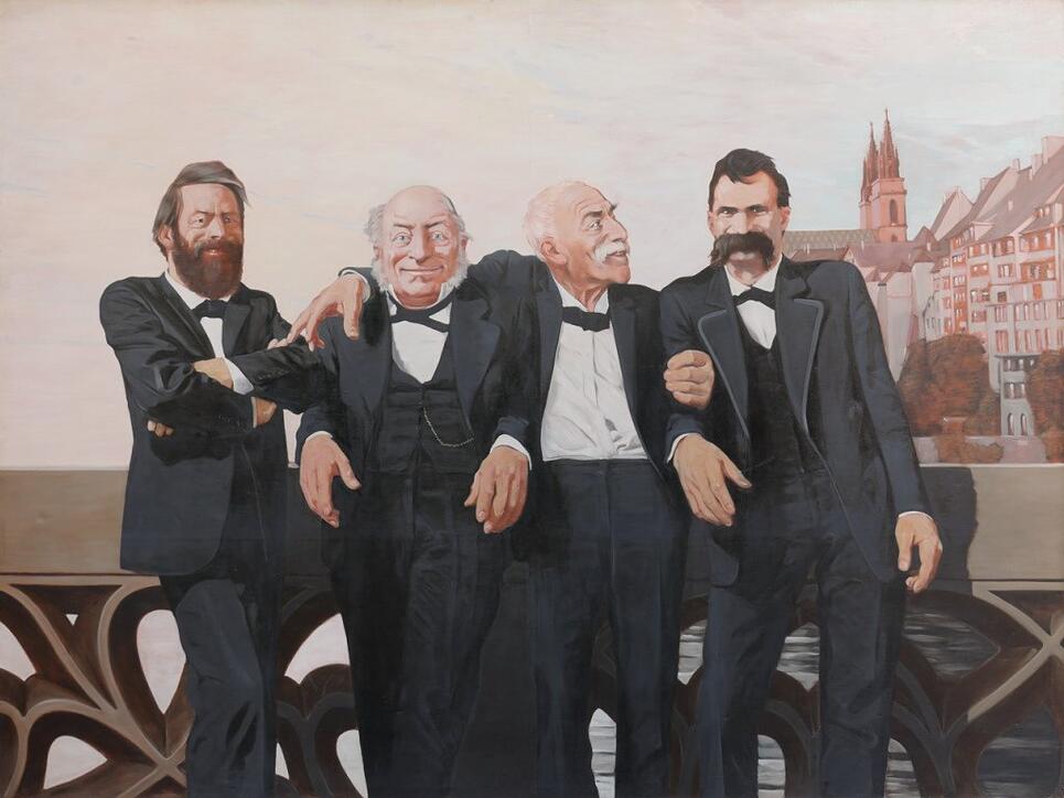 Böcklin, Bachofen, Burckhardt und Nietzsche auf der Mittleren Brücke in Basel. Ölgemälde von Johannes Grützke von 1970 in der Ausstellung "Basel Short Stories" im Kunstmuseum Basel.