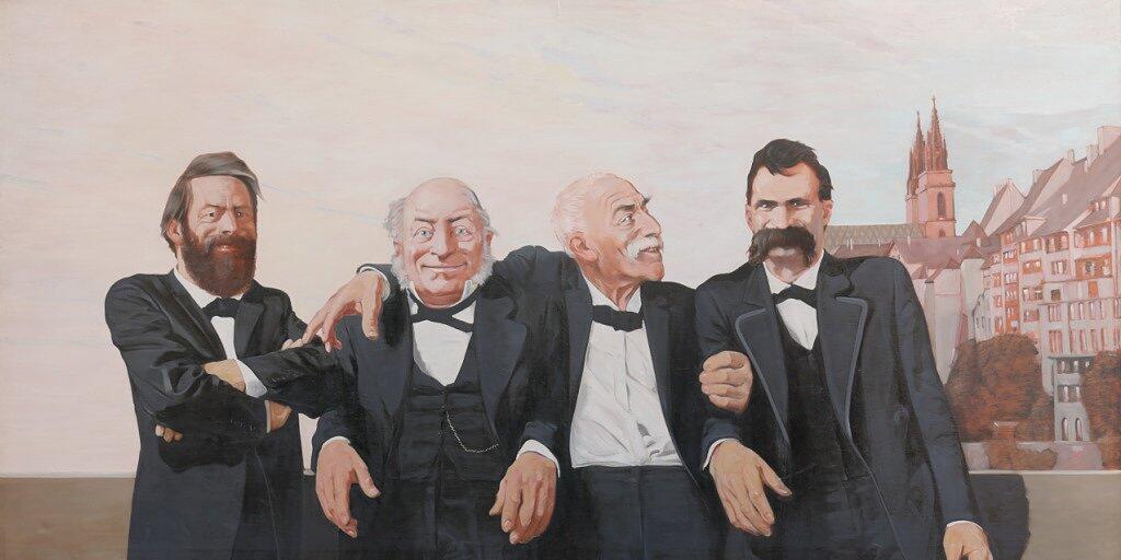 Böcklin, Bachofen, Burckhardt und Nietzsche auf der Mittleren Brücke in Basel. Ölgemälde von Johannes Grützke von 1970 in der Ausstellung "Basel Short Stories" im Kunstmuseum Basel.