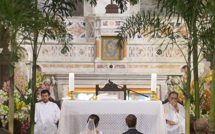 Religious Wedding at San Pedrp Clover ancient Church in Cartagena of Cloclo Echavarria with HSH Prince Josef of Lichtenstein.