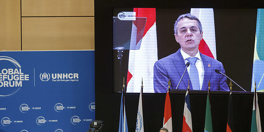 Aussenminister Ignazio Cassis bei der Eröffnung des Globalen Flüchtlingsforums in Genf. (KEYSTONE Fotograf: SALVATORE DI NOLFI)